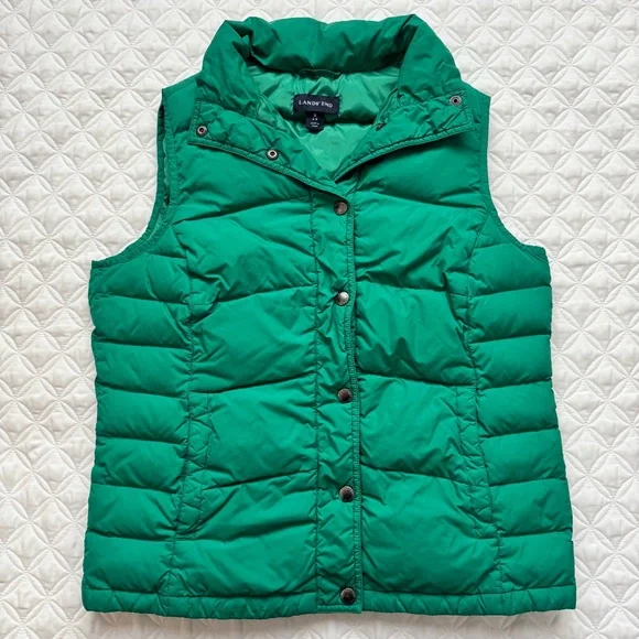 Lands' End Down Puffer Vest Snap Button Emerald Green Size Small - Picture 1 of 13